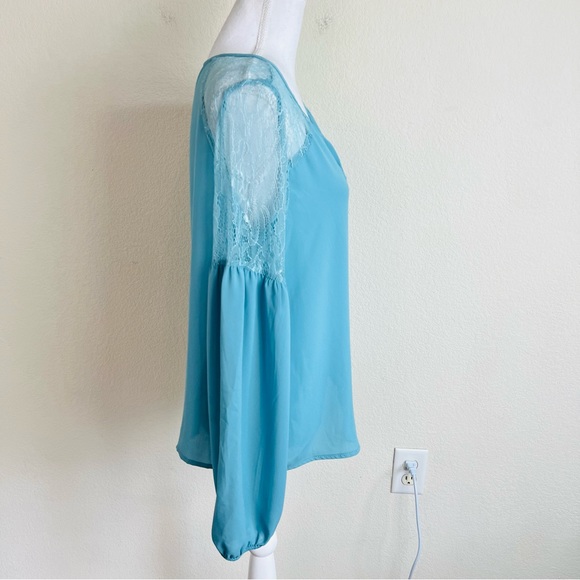Metaphor Turquoise Blue Lace Drop Shoulder Chiffon Long Sleeve Peasant Blouse - Picture 3 of 8